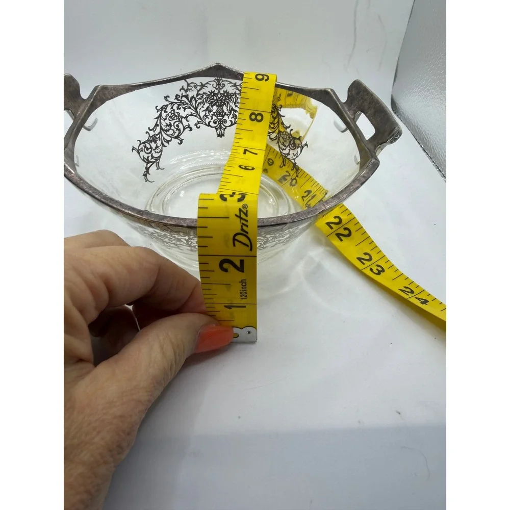 Vintage Silver Overlay Glass Candy Nut Bowl Floral Filigree Double‎ Handle 6.5in
